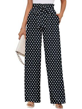 Women's Polka Dots Black Wide Leg Pant High Waisted Tie Knot Loose Comfy Casual